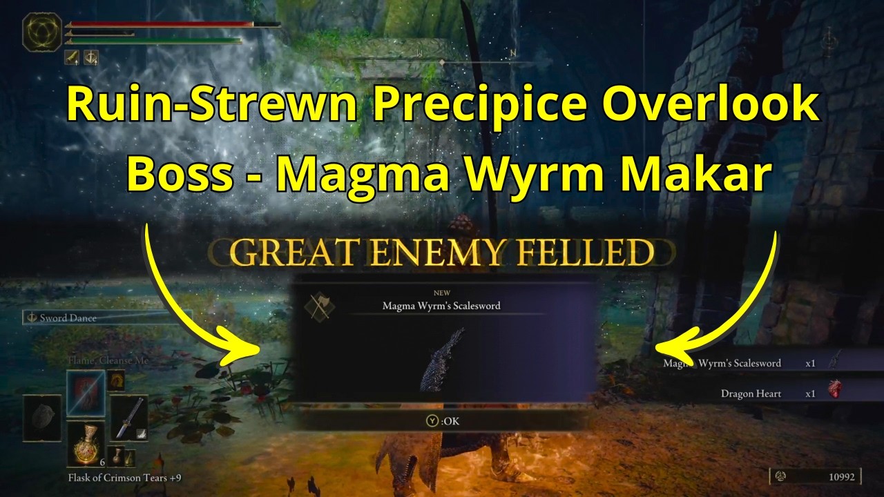 Elden Ring Boss Magma Wyrm Makar and weapon, Magma Wyrms Scalesword