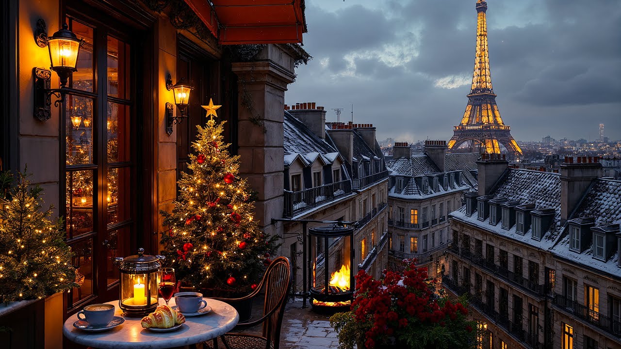 Paris Winter Balcony Café Jazz ☕ Cozy Christmas Ambience & Relaxing Jazz Music for Study, Focus