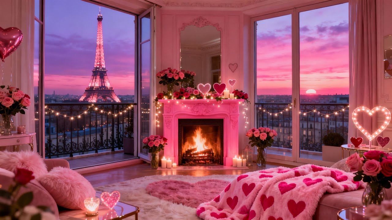 💕💘 Pink Valentine’s Sunset in Paris ✨ Fireplace Ambience + Romantic Music 💗