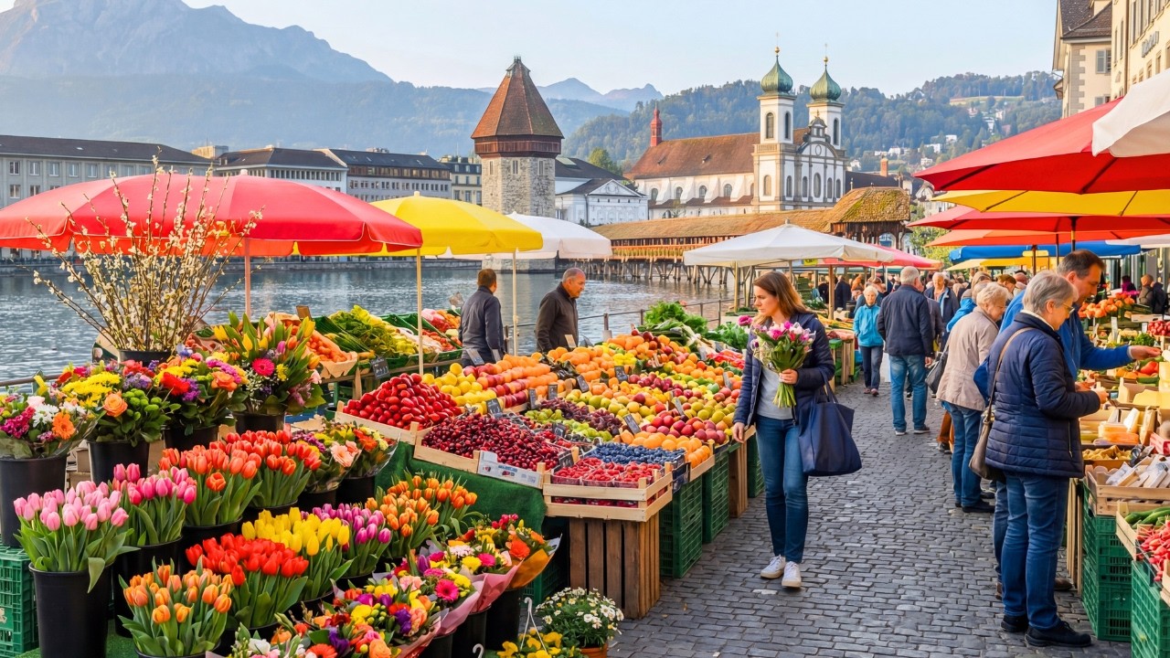Lucerne, Switzerland 🇨🇭 Spring Morning Farmers Market & City Walk 4K