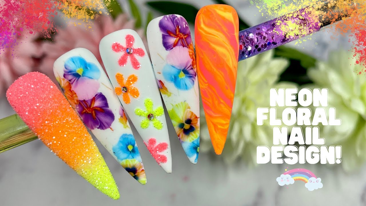 NEON FLORAL NAIL DESIGN| NAIL TUTORIAL| PRESS ON NAILS| NAIL DESIGN IDEAS 2022| GEL POLISH OMBRE