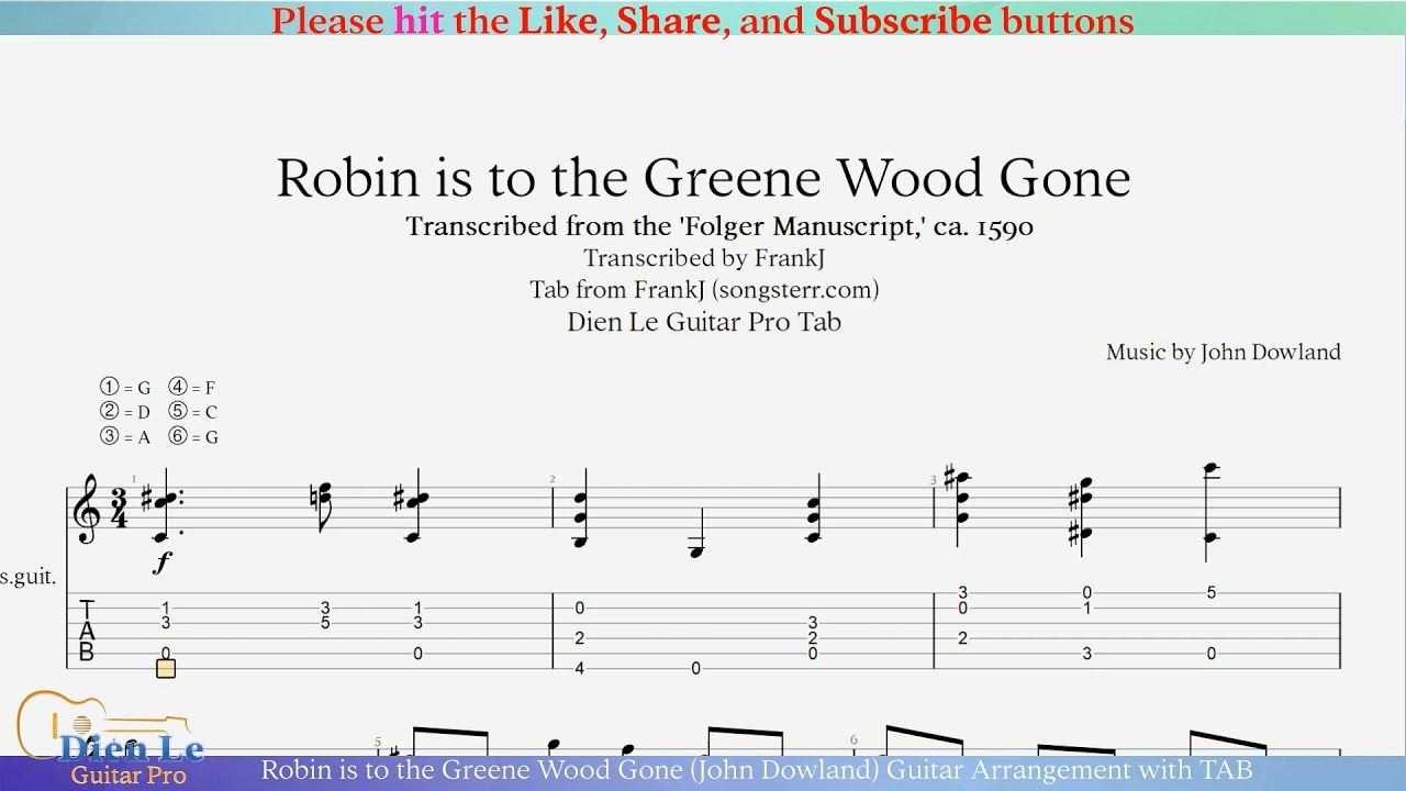 Robin is to the Greene Wood Gone (John Dowland) Guitar Arrangement with TAB