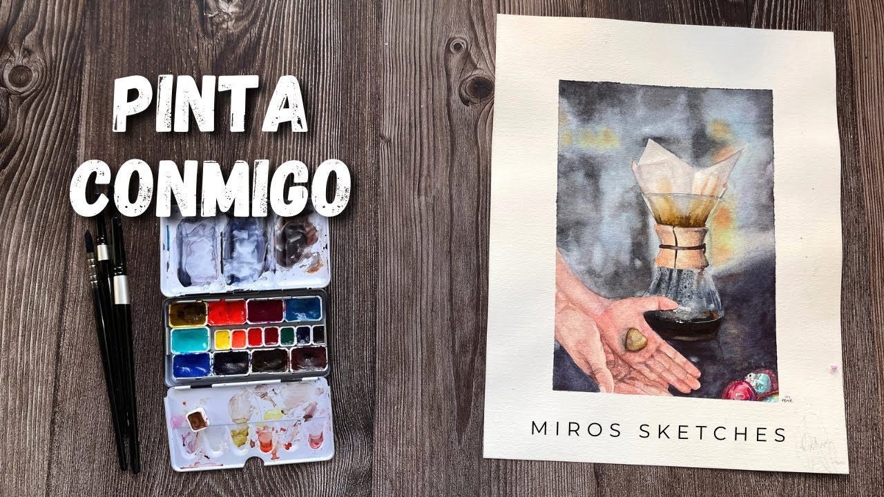 Pintando vidrio, manos, café y un fondo borroso en acuarela | Acuarelas Rosa Gallery