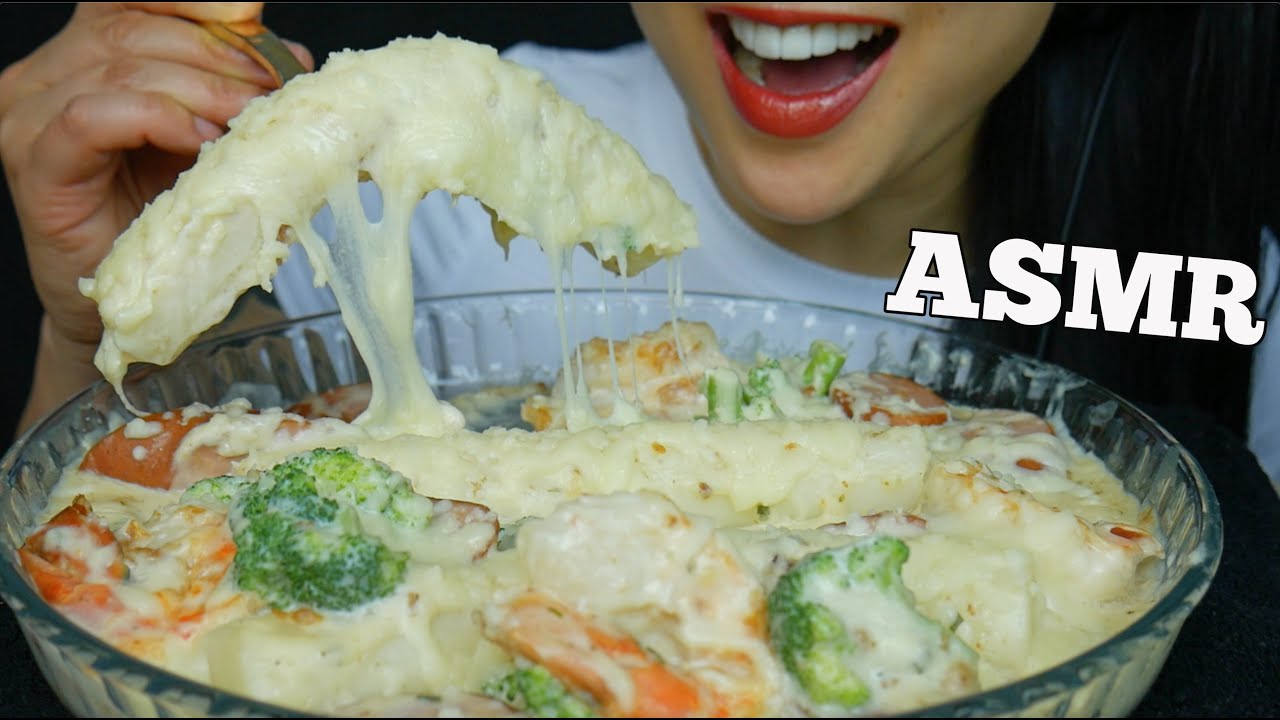 ASMR CREAMY MOZZARELLA SHRIMP BROCCOLI SAUSAGE RICE CAKE (EATING SOUNDS) NO TALKING | SAS-ASMR