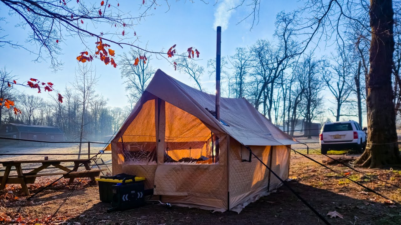 HOT TENT Camping With My Son On A Horse Farm | KingCamp Quilted Cabin Tent