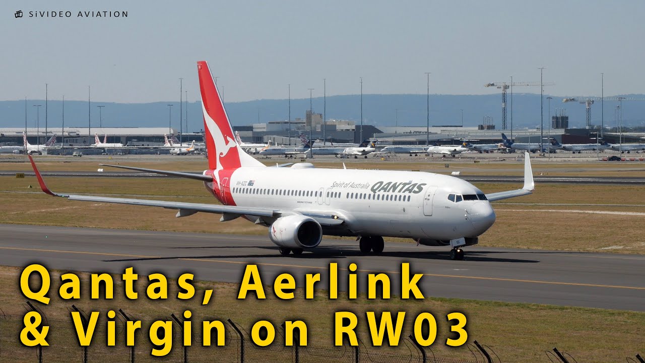 Qantas (VH-XZC) departs, Aerlink (VH-FVL) & Virgin (VH-YFJ) arrive on RW03 at Perth Airport.