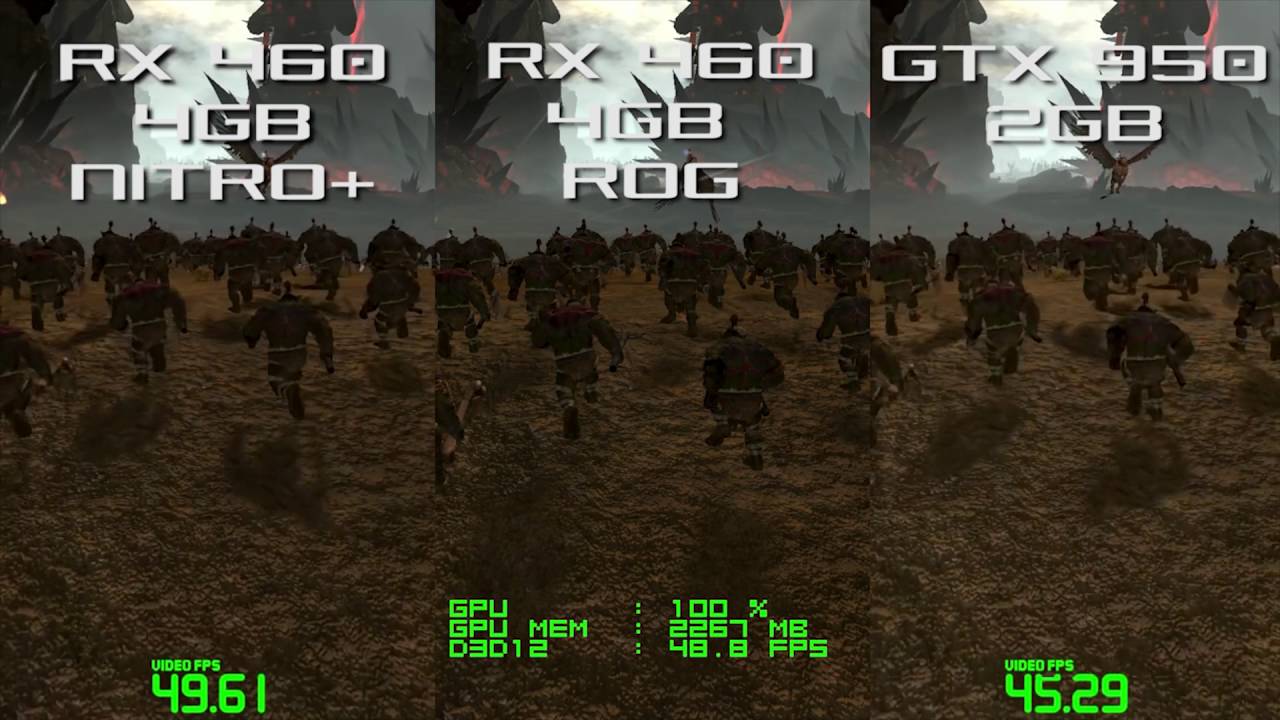 RX 460 ROG vs RX 460 NITRO vs GTX 950 - Total War: WARHAMMER DirectX12 1080p Frame Rate Test