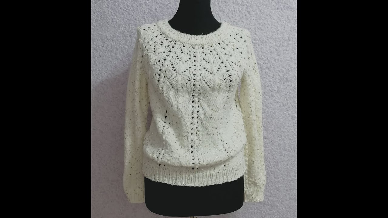МК 4 подробный для начинающих Джемпер женский спицами без швов с ажурной кокеткой, реглан сверху