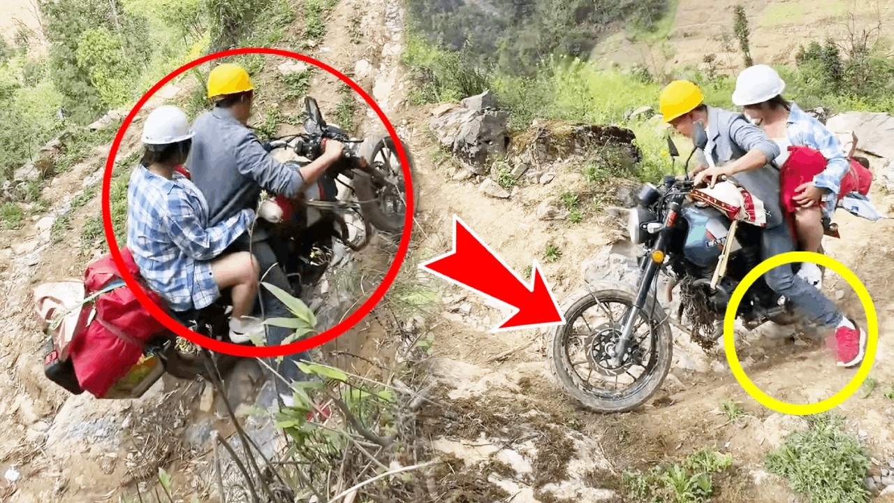 A kind young man helped a beautiful woman carry her huge luggage up the mountain on his motorcycle.