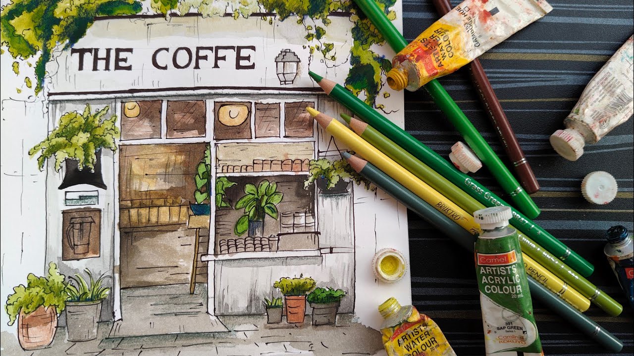 Coffee Shop Painting in water color || Full Tutorial || 