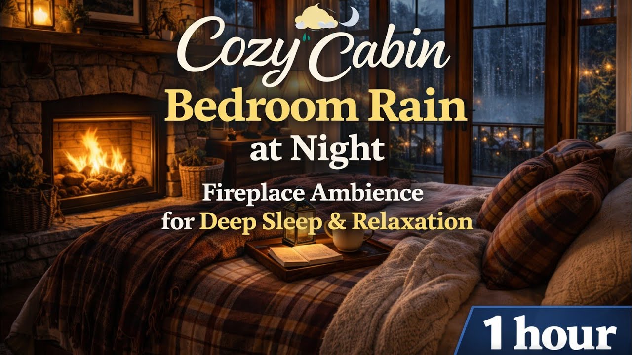 Cozy Cabin Bedroom Rain at Night 🌧️ Fireplace Ambience for Deep Sleep & Relaxation (1 Hour)