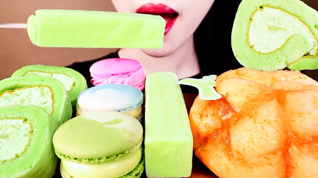 ASMR MELON ROLL CAKES, ICE CREAM, MACARONS eating sounds MUKBANG 멜론 롤케이크, 아이스크림, 마카롱, 빵 디저트먹방