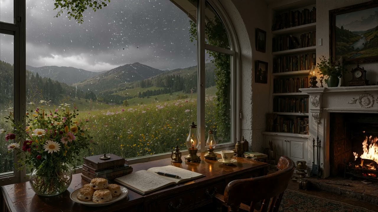 Scottish Ambience Sleep Music | Cozy Rainy Spring Library, Fire & Celtic Folk