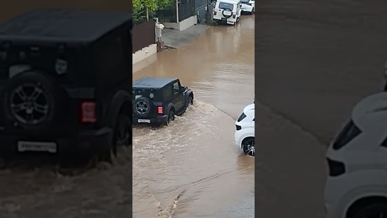 Flood-Level Rain in Mohali! 🌊 #Thar Caught in Storm #Thar   🌧️🚗 #mohali # Thar Stuck in raining