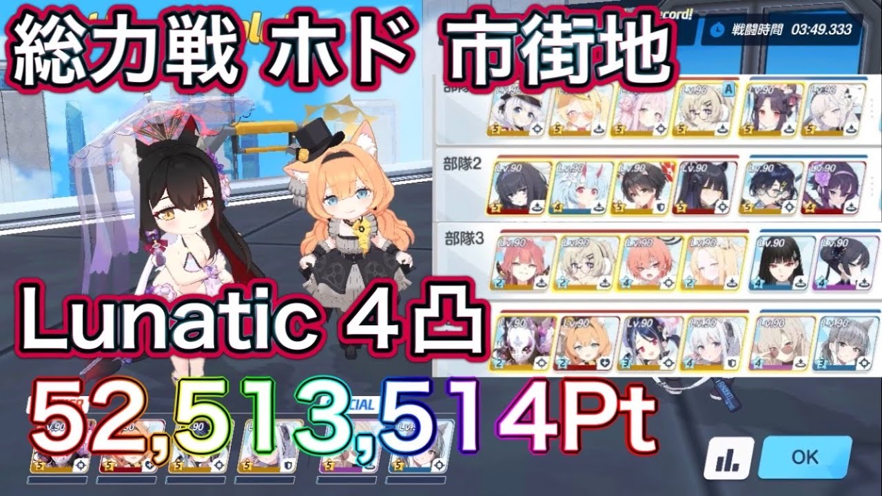 【ブルアカ】総力戦 ホド 市街地 Lunatic 4凸 52,513,514Pt【ブルーアーカイブ】