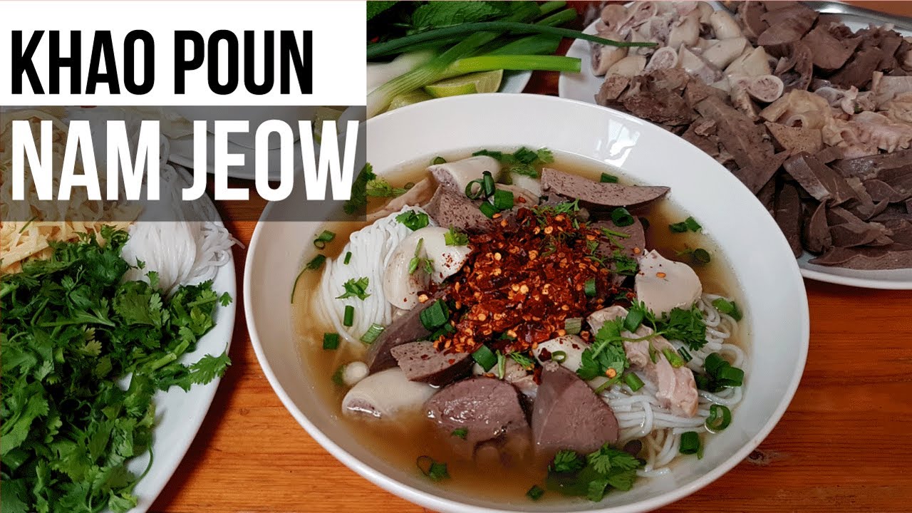 ข้าว​ปุ้นน้ำแจ่วแบบลาว(ข้าว​ปุ้นเครื่อง​ใน​หมู​) - ວິທີ​ເຮັດ​ເຂົ້າປຸ້ນນ້ຳແຈ່ວ ​​ Khao poun nam jeow