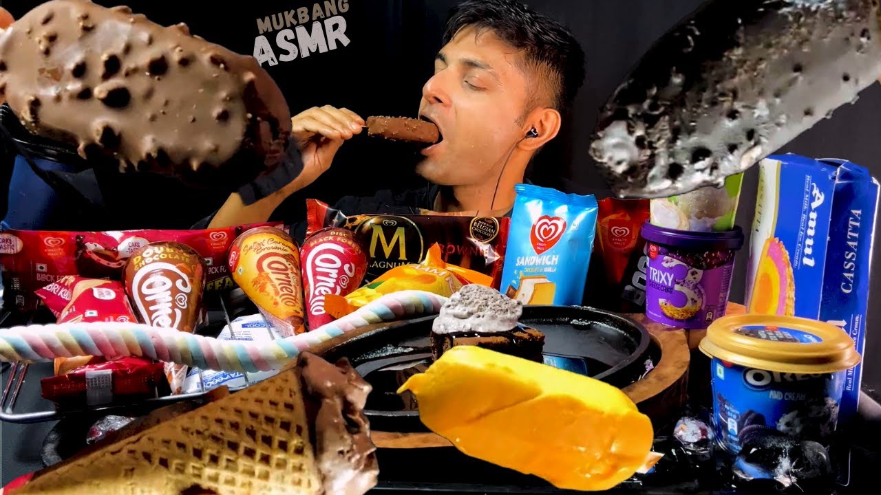 ASMR ICE CREAM EATING SOUNDS MAGNUM OREO CORNETTO CASSATA TRIXY CHOCOLATE MARSHMELLOW KULFI MUKBANG