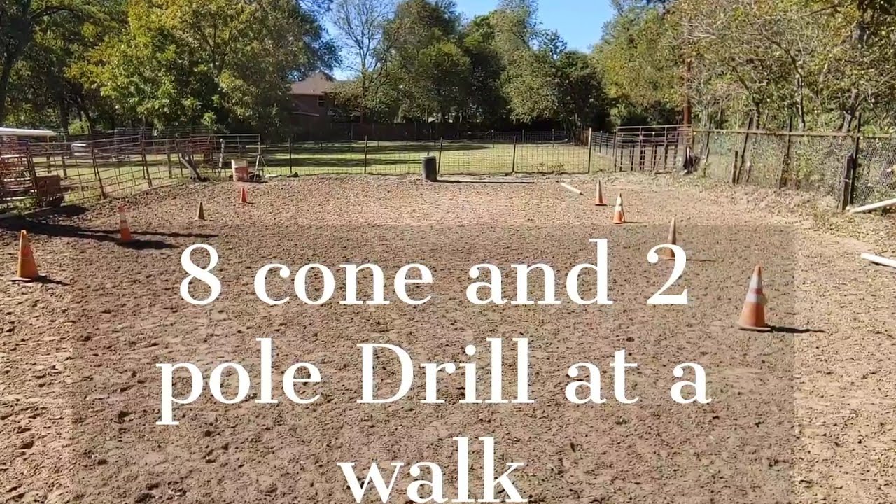 Beginner Riding Pattern with 8 cones and 2 Poles at a walk - Outside leg and turning drills