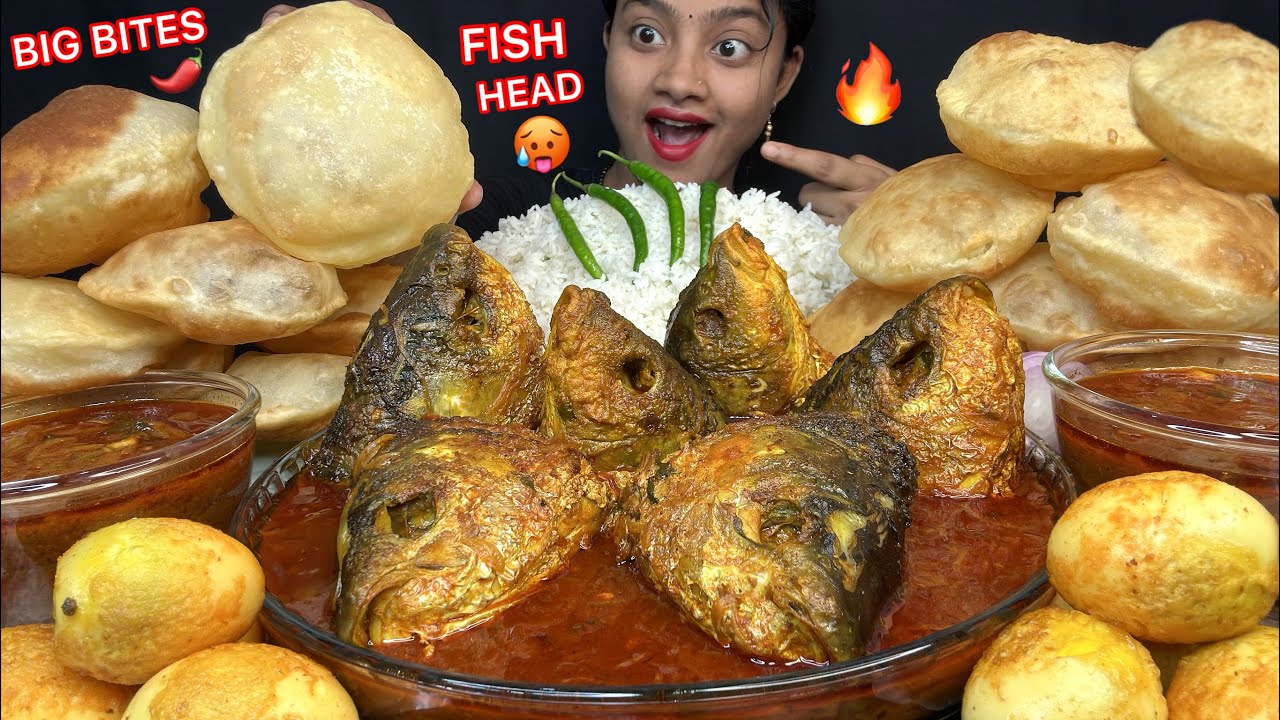 FISH HEAD CURRY 🤤🔥 EGG MASALA, CHICKEN CURRY WITH LUCHI AND RICE ASMR, EATING VIDEOS 🌶️ BIG BITES😋