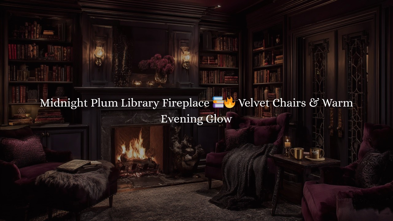 Midnight Plum Library Fireplace 📚🔥 Velvet Chairs & Warm Evening Glow