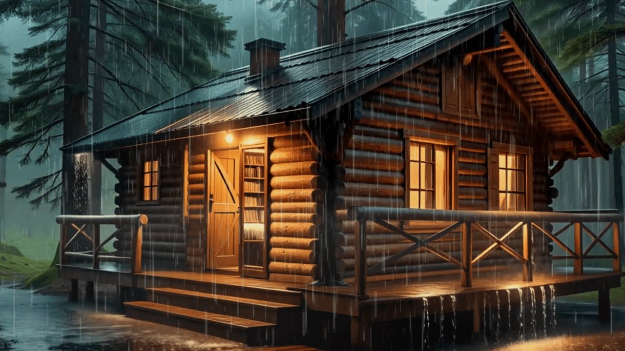 Rainy Night in a Cozy Forest Cabin 🌧️ Warm Lights & Relaxing Ambience