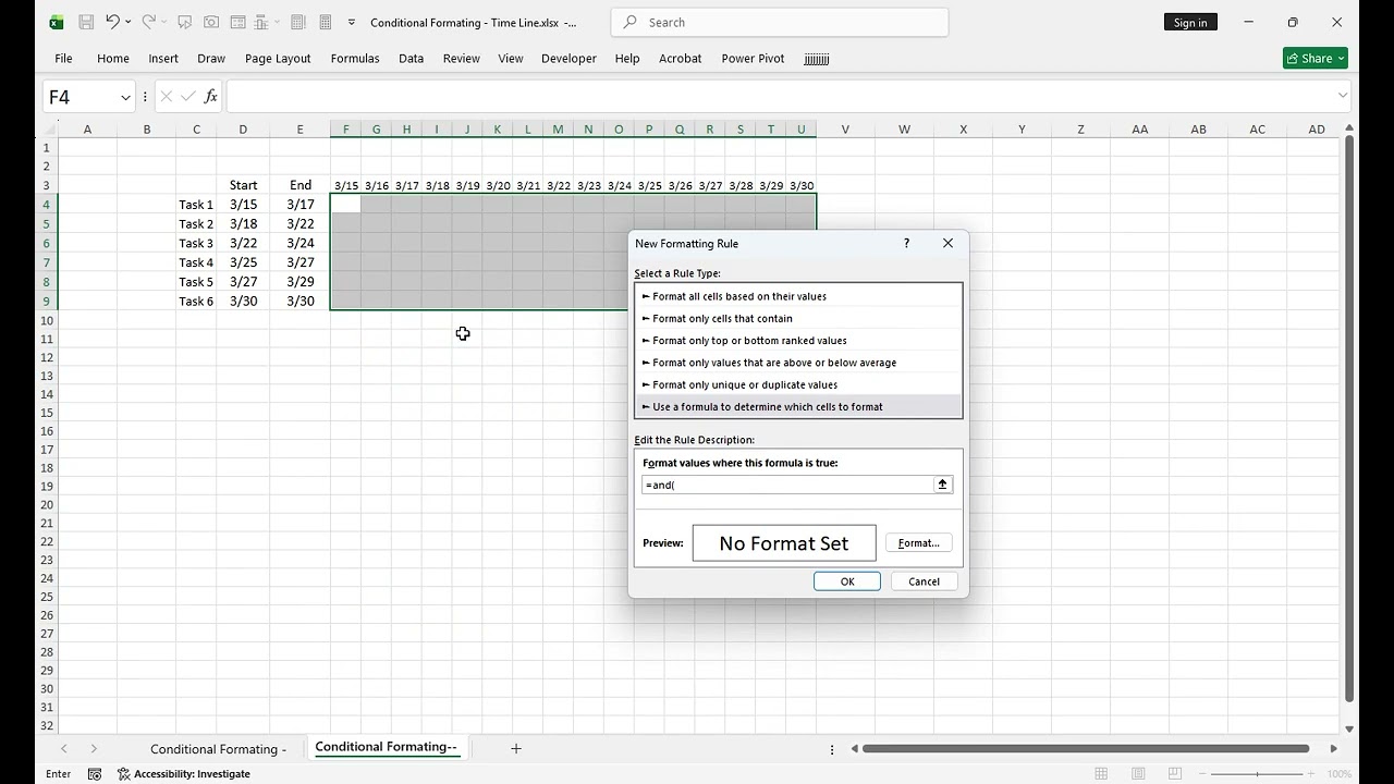 شرح مثال تدرج بالالوان للمهام المنجزة Conditional Formating   Time Line