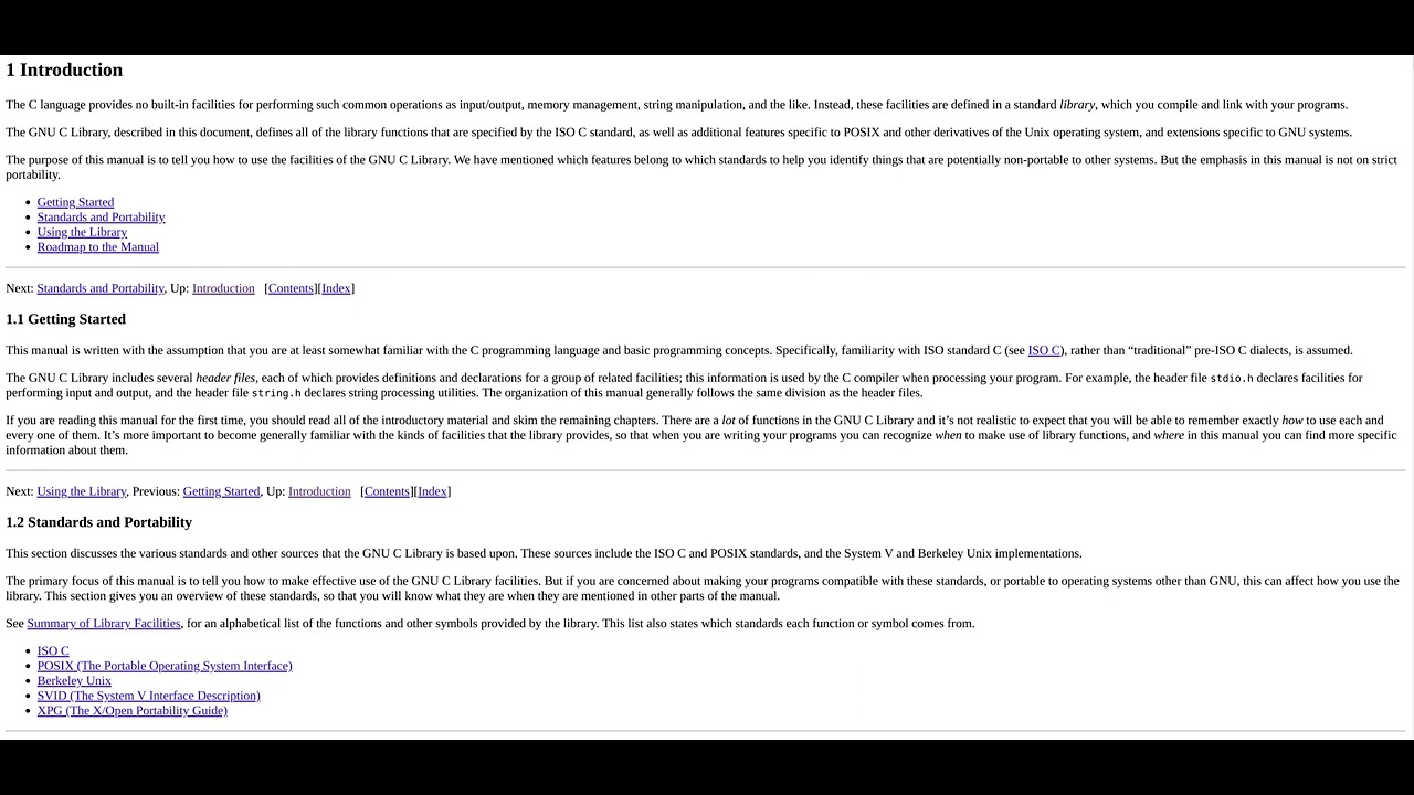 GNU C library (glibc): Introduction, Standards and Portability, and ISO C