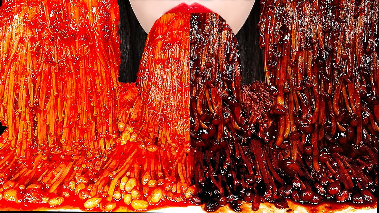 ASMR BLACK BEAN ENOKI MUSHROOMS VS SPICY ENOKI MUSHROOMS 짜장 불닭팽이버섯 먹방 咀嚼音えのき MUKBANG ZOEY ASMR