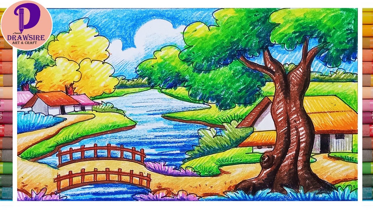 A Beautiful Realistic Village Scenery Drawing With Pastel Color _ Nature Scenery Painting Easy