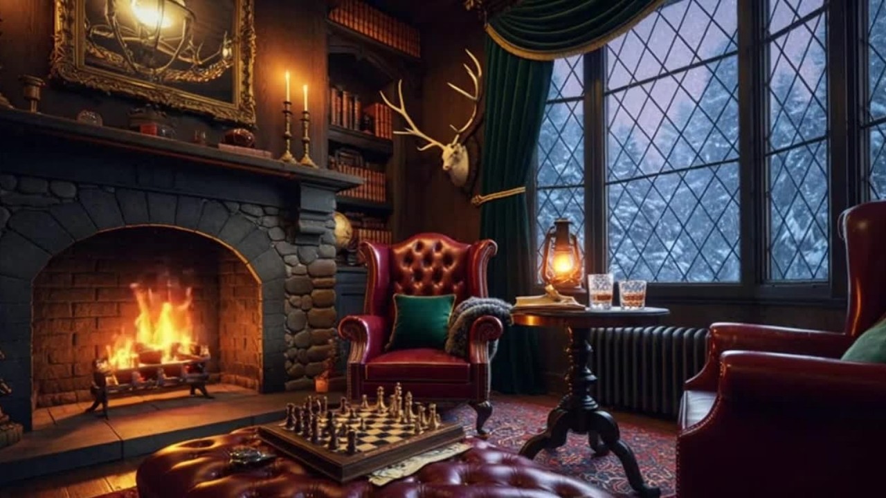 Winter Night in a Highland Lodge | 3 Hours Fire Crackling & Snow Falling