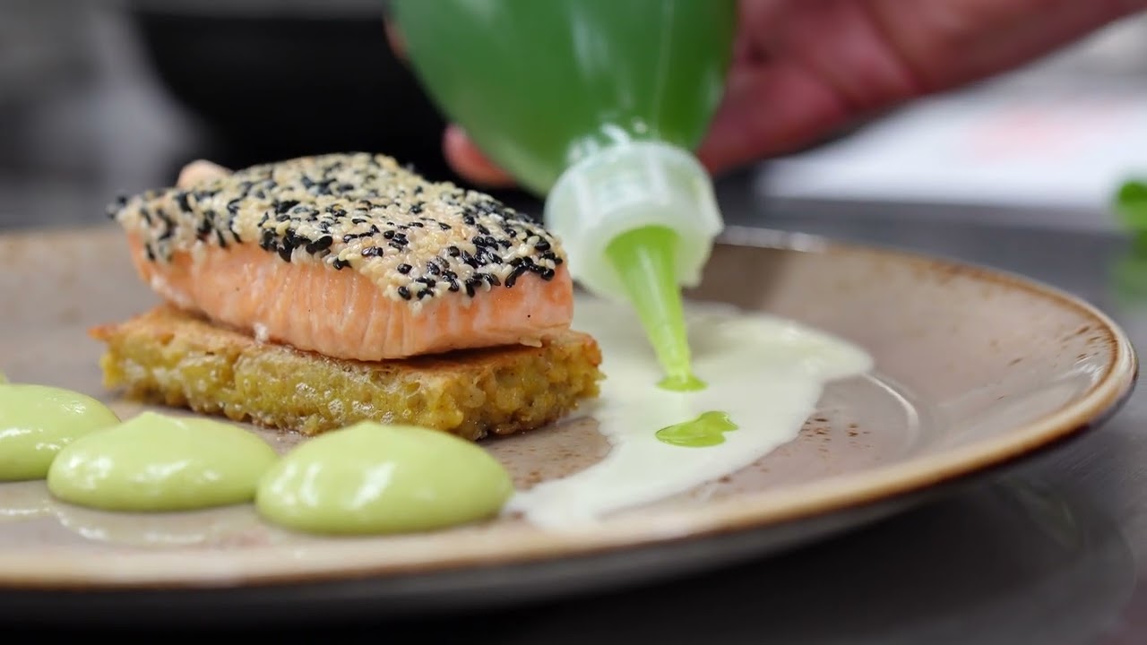 Bulgur Slices with Grilled Salmon on Sesame Crust with Salad Pea Espuma