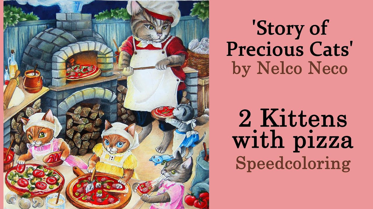 Kittens & pizza #Coloring in 'Story of precious cats' by Nelco Neco #adultcoloring