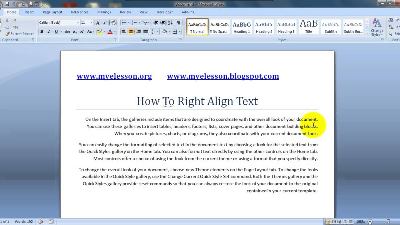 MS Word: Right Align Text English