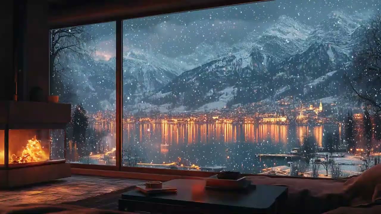 Winter Night Ambience ASMR | Gentle Snowfall Outside the Window & Cozy Fireplace Sounds