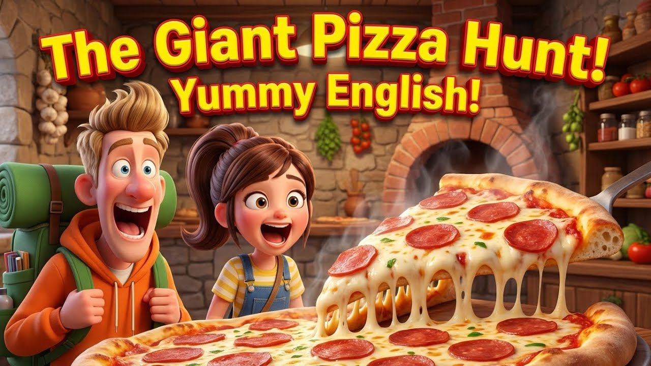 The Giant Pizza Hunt – Learn Directions, Prepositions, Feelings & Restaurant English Conversations
