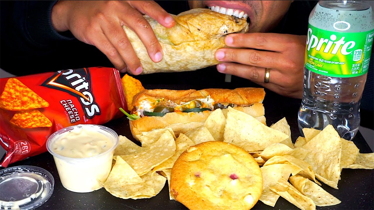 chipotle vs subway burrito sandwich chips and queso doritos eating sounds sprite asmr no talking