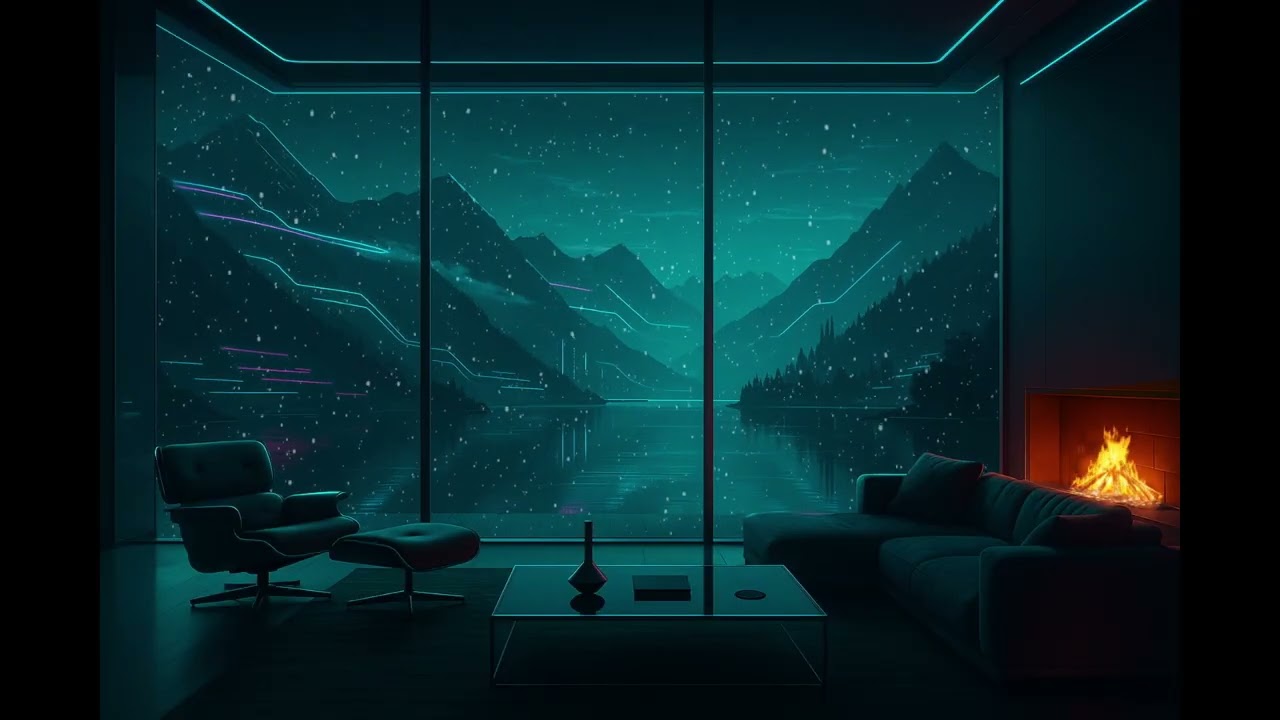 Futuristic Winter Cabin Ambience ❄️ Neon Lake View & Fireplace Sounds Sleeping, Studying, Relaxing