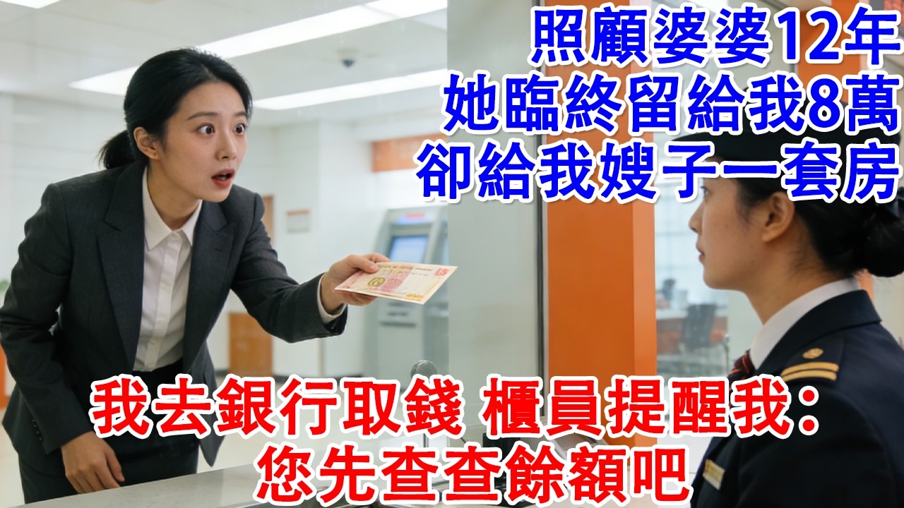 【完結爽文】照顧婆婆12年，她臨終留給我8萬，卻給我嫂子一套房，我去銀行取錢，櫃員提醒我：您先查查餘額吧#婆媳 #情感故事 #為人處世 #故事 #家庭倫理 #老年生活