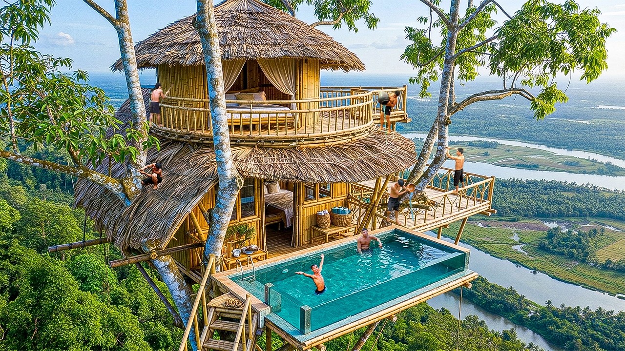 Construcción de una mansión flotante de bambú con piscina infinita sobre valle fluvial tropical