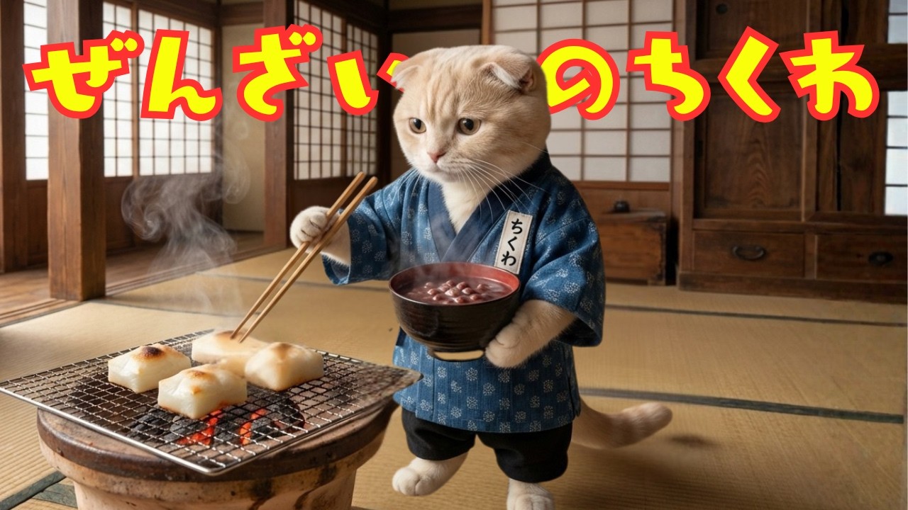 【世界一笑う猫ちくわ】老人会でぜんざい作りだよー！こたつでほっこり、ぜんざい食べすぎちゃった一日だよ〜｜Warm Zenzai with Chikuwa