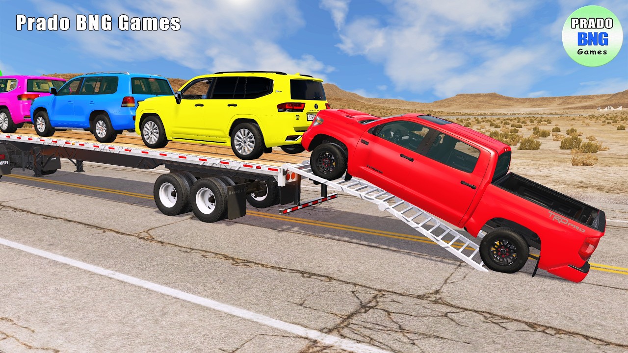 Toyota, Mercedes, Tractor, and Man Flatbed Truck vs Train – BeamNG.drive 469