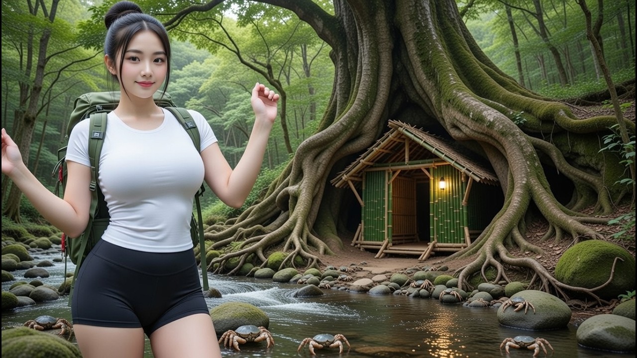 Beautiful Girl Survives Alone &ndash; Building a Shelter, Catching Rock Crabs & Cooking Outdoors