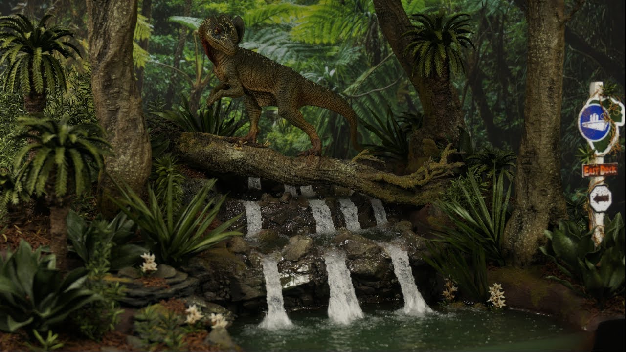 Jurassic Dilophosaurus Waterfall Diorama - Realistic Jungle Waterfall Scenery