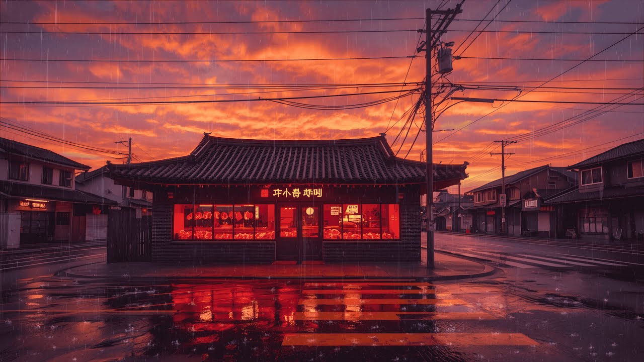 Tokyo Lofi Rain 🌧️ Peaceful Rain Under Glowing Red Skies