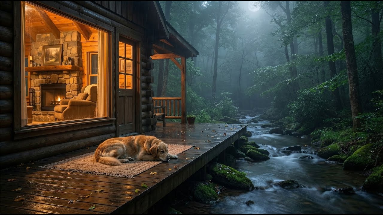 Cozy Forest Cabin by the Stream (8 Hours) | Calm Piano & Gentle Water Sounds