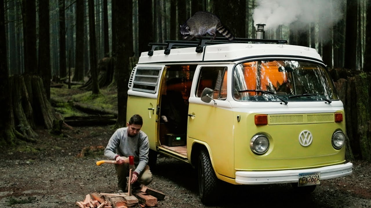 Testing Cubic mini wood stove in VW van in the Winter