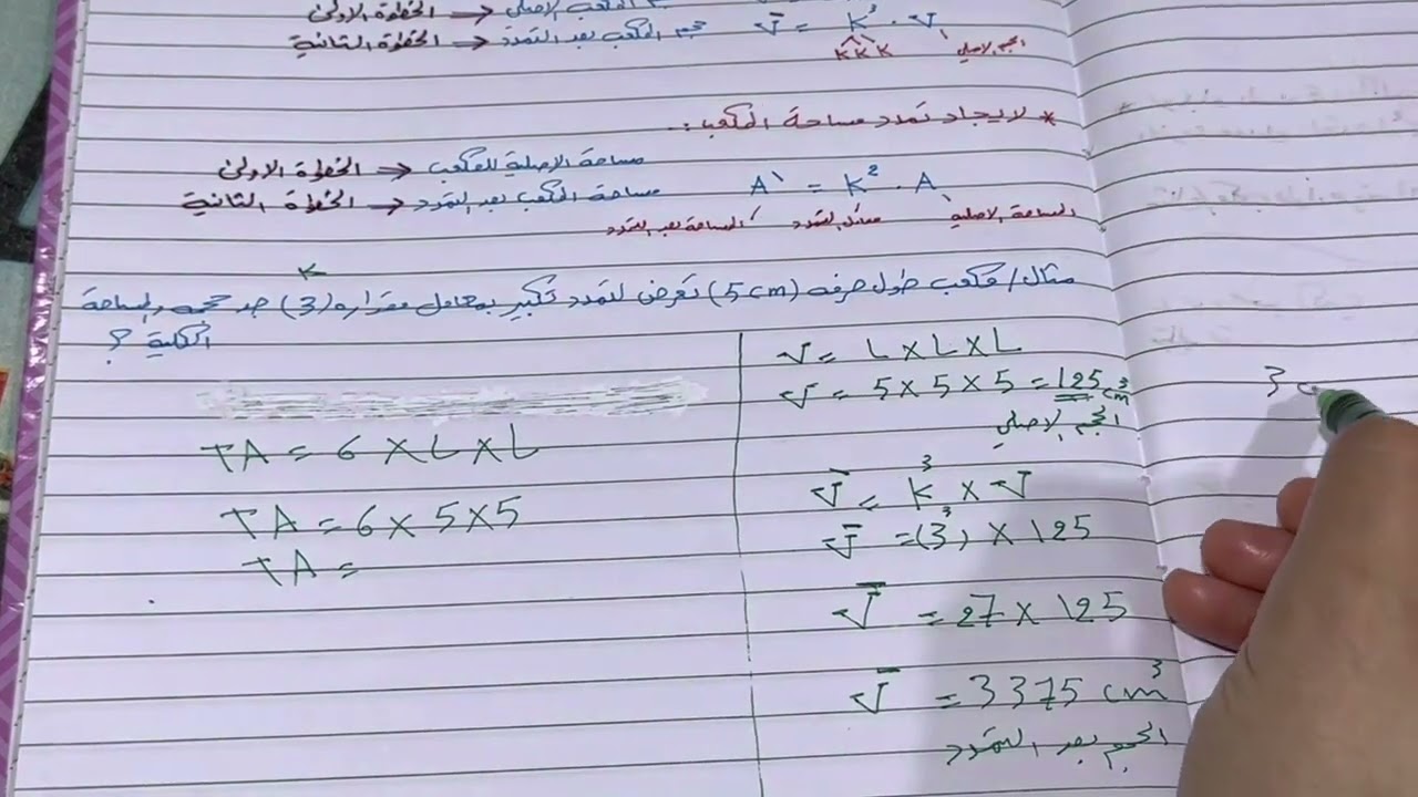 شرح وحل تمارين تأثير المعدل( المقياس ) على الحجم والمساحة السطحية (تكبير وتصغير ) ص 48  الاول متوسط