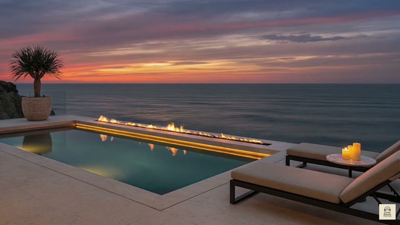 🔥 Sunset Infinity Pool Over the Ocean | Luxury Fire Lounge for Focus, Work & Relax