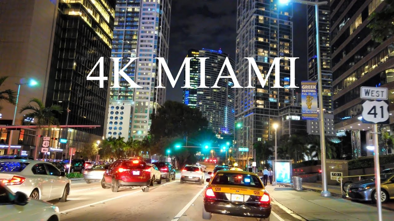 Driving Around Very Colorful Downtown Miami at Night - 4K