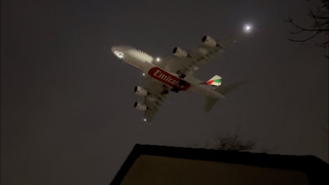 Amazing sound, x4 GP7270 engines from Emirates A380 at 500ft over house